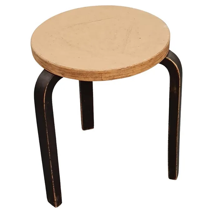 Alvar Aalto 3 Legged Stool Model 60, Beige Linoleum and Black Legs, Artek 1950s