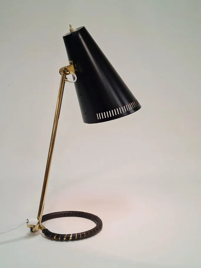 Mauri Almari Table Lamp Model K11-15 in Black, Brass & Leather, Idman 1950s