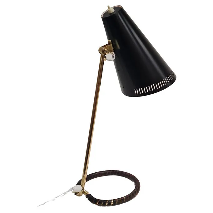 Mauri Almari Table Lamp Model K11-15 in Black, Brass & Leather, Idman 1950s