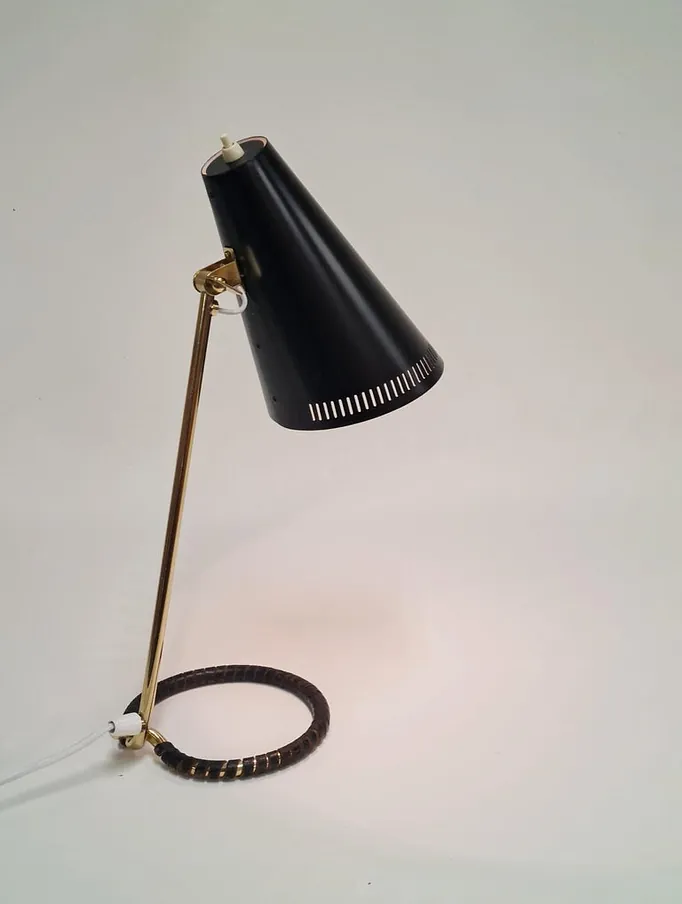 Mauri Almari Table Lamp Model K11-15 in Black, Brass & Leather, Idman 1950s