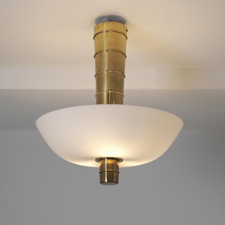 Paavo Tynell Ceiling Lamp "Cannon Shell" 9053 in Brass and Glass, Idman 1950s