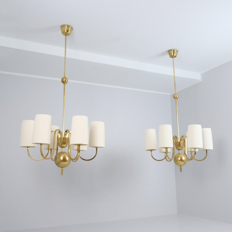 Pair of Paavo Tynell Commissioned Chandeliers in Brass & Fabric, Taito 1940s