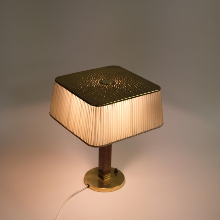 Paavo Tynell Perforated Brass, Silk & Wooden Table Lamp, Model 5066, Taito 1940s