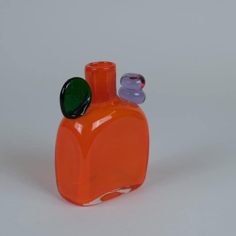 Oiva Toikka Orange, Green & Blue Pampula Glass Bottle Sculpture Nuutajärvi 1970s