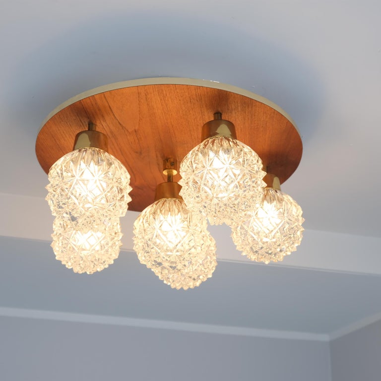 Vintage 6 Light Flushmount in Glass, Brass and Teak, Hyval KP 68, Finland 1960s