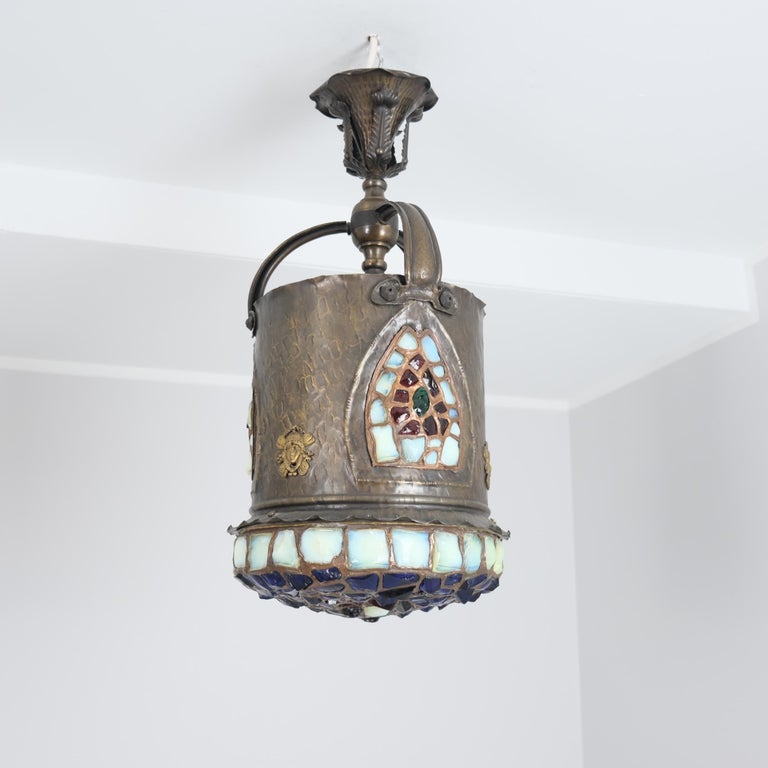 Beautiful Art Noveau Ceiling Lamp, Copper & Colored Glass 1890-1920