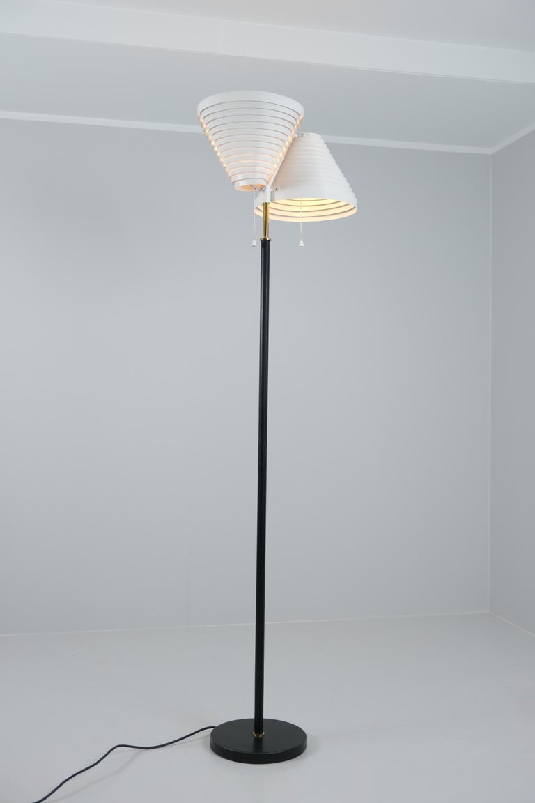 Alvar Aalto Floor Lamp A810, White, Brass & Black Leather, Valaisinpaja 1970s