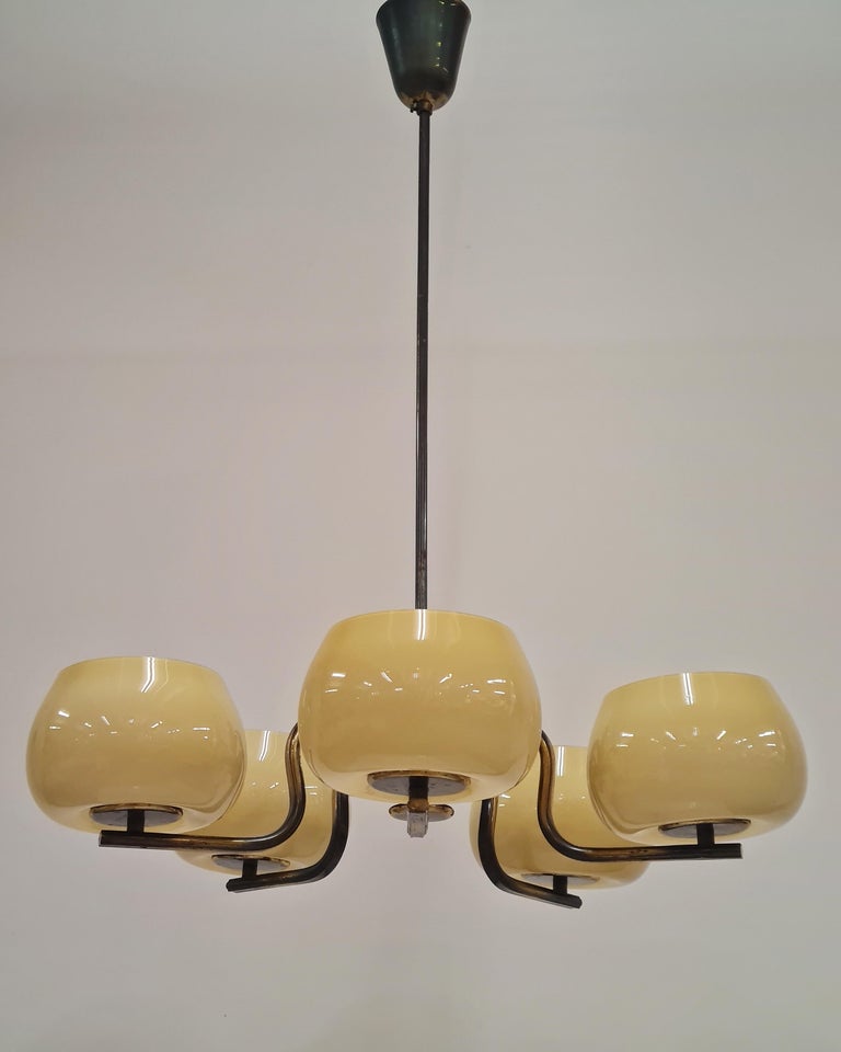 Art Deco Paavo Tynell Pendant in Brass, Birch and Opaline Glass, Taito