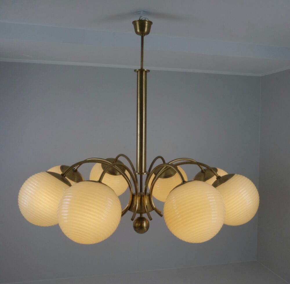 Monumental Paavo Tynell Art Deco Brass & Opaline Glass Chandelier, Taito