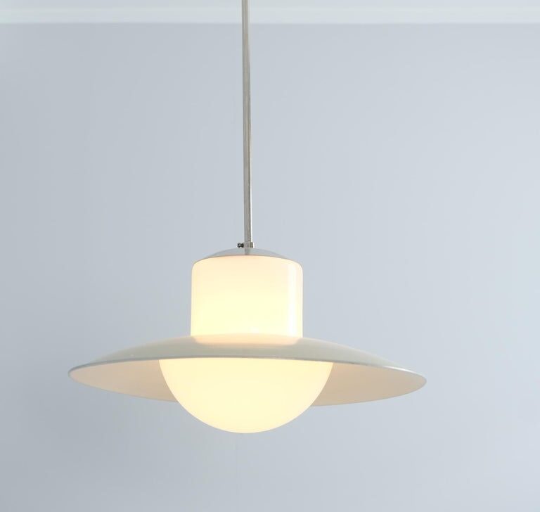 Paavo Tynell Ceiling Lamp, Chromed Metal, Painted Shade, & Opaline Glass