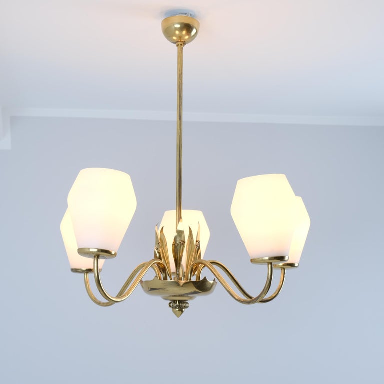 Mid-Century Finnish Design Lamp in Brass and Opaline shades