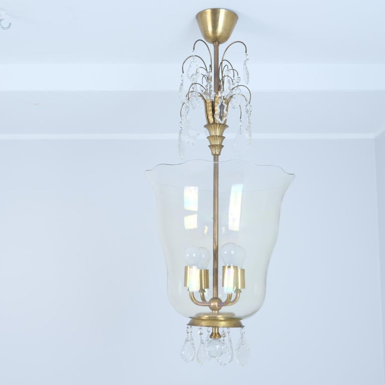 Sizable Paavo Tynell & Gunnel Nyman Chandelier in Brass & Art Glass