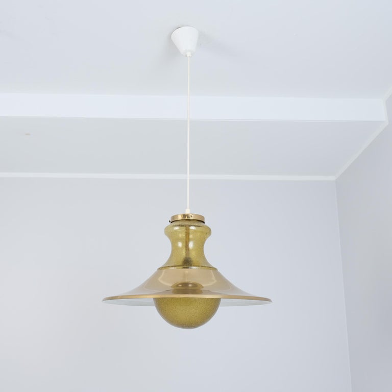 Scandinavian Amber Coloured Crackled Glass Bubble Pendant with Brass Shade