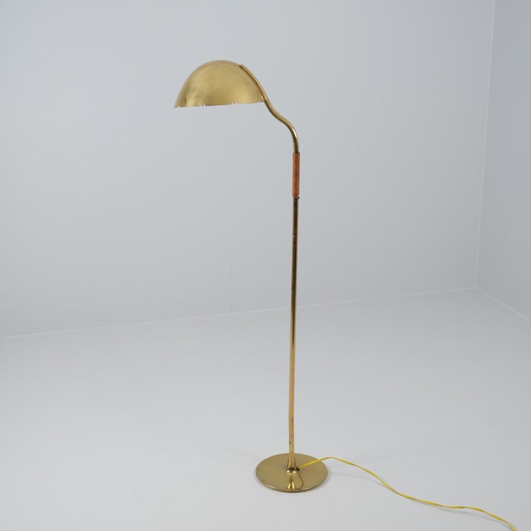 Paavo Tynell Perforated Brass and Leather Floor Lamp Model 9608, Taito
