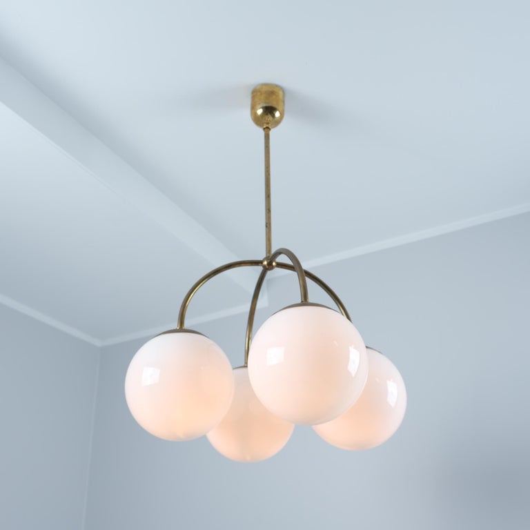 Paavo Tynell Snowberry Pendant Model 1314, Brass & Opaline Glass, Taito