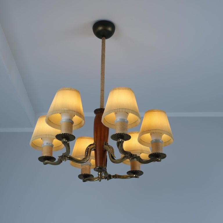 Classical Paavo Tynell Pendant Model 1355 in Brass, String, & Birch, Taito