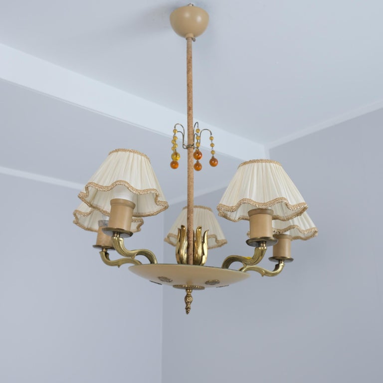 Empire Style Paavo Tynell Pendant 1374, Brass, Metal & Amber Glass