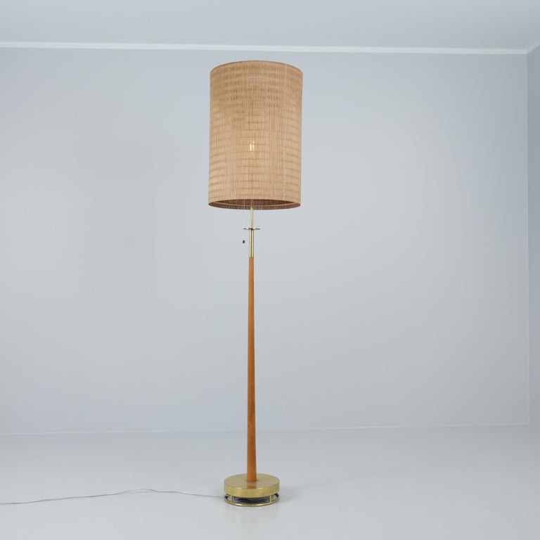 Brass, Teak & Rattan Floor Lamp Attributed to Maria Lindeman
