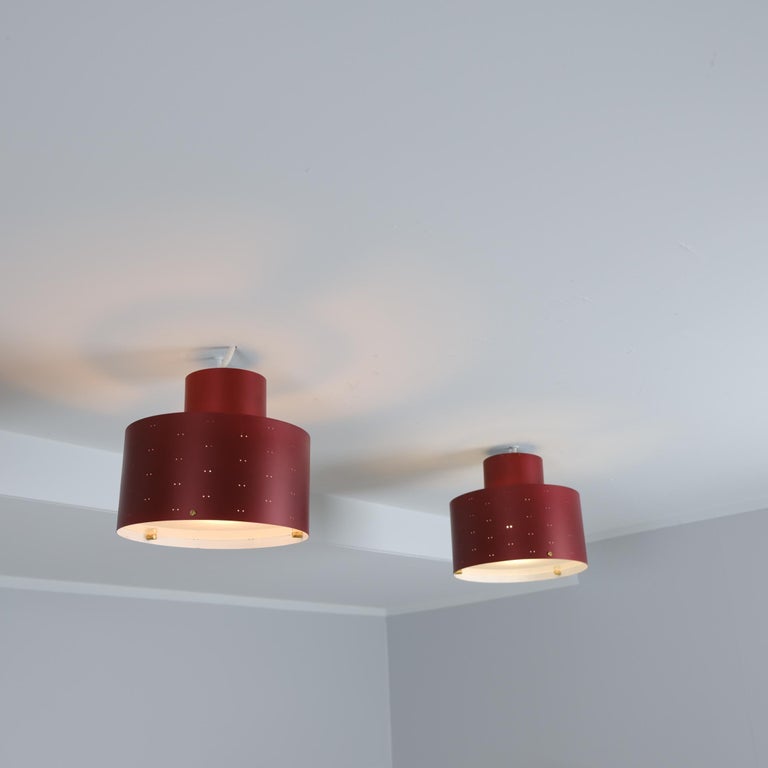 Pair of Paavo Tynell Round Starry Sky Ceiling Lamps 9069, Burgundy, Idman