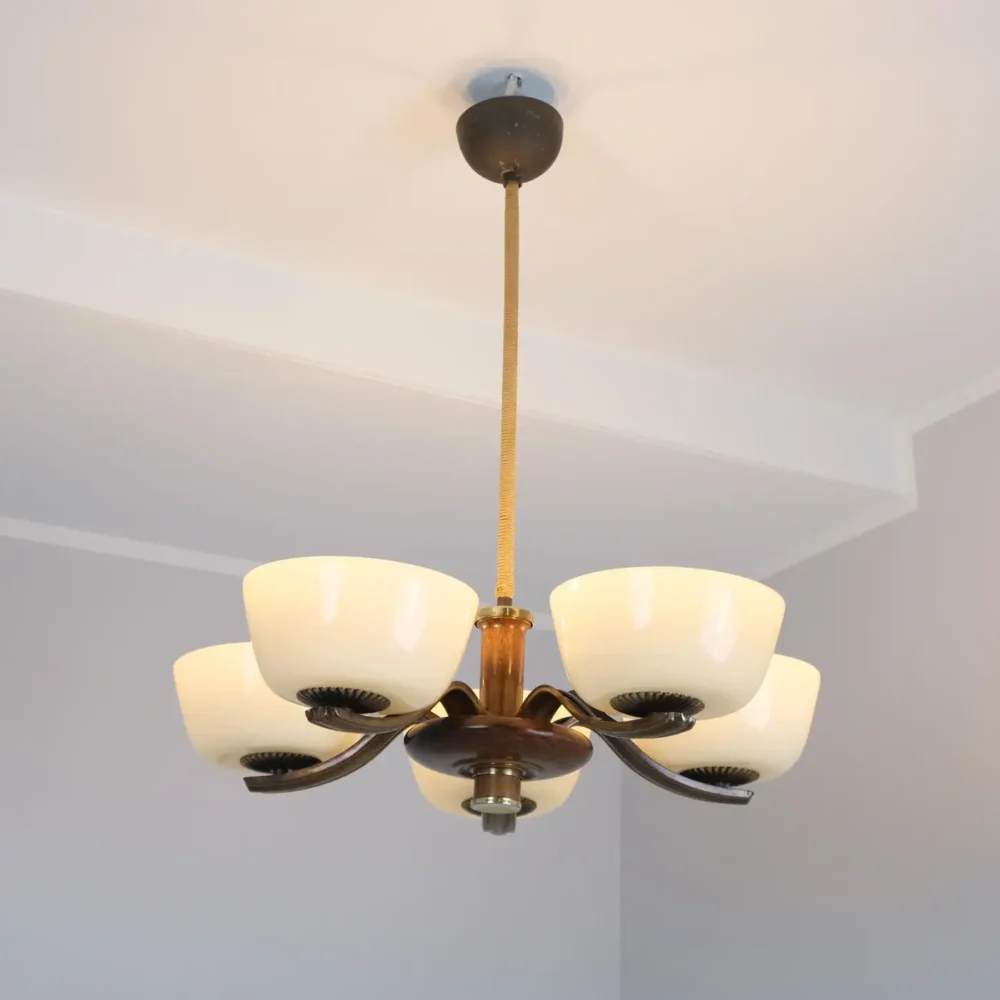 Art Deco Paavo Tynell Pendant 1255 in Brass, Birch & Opaline Glass