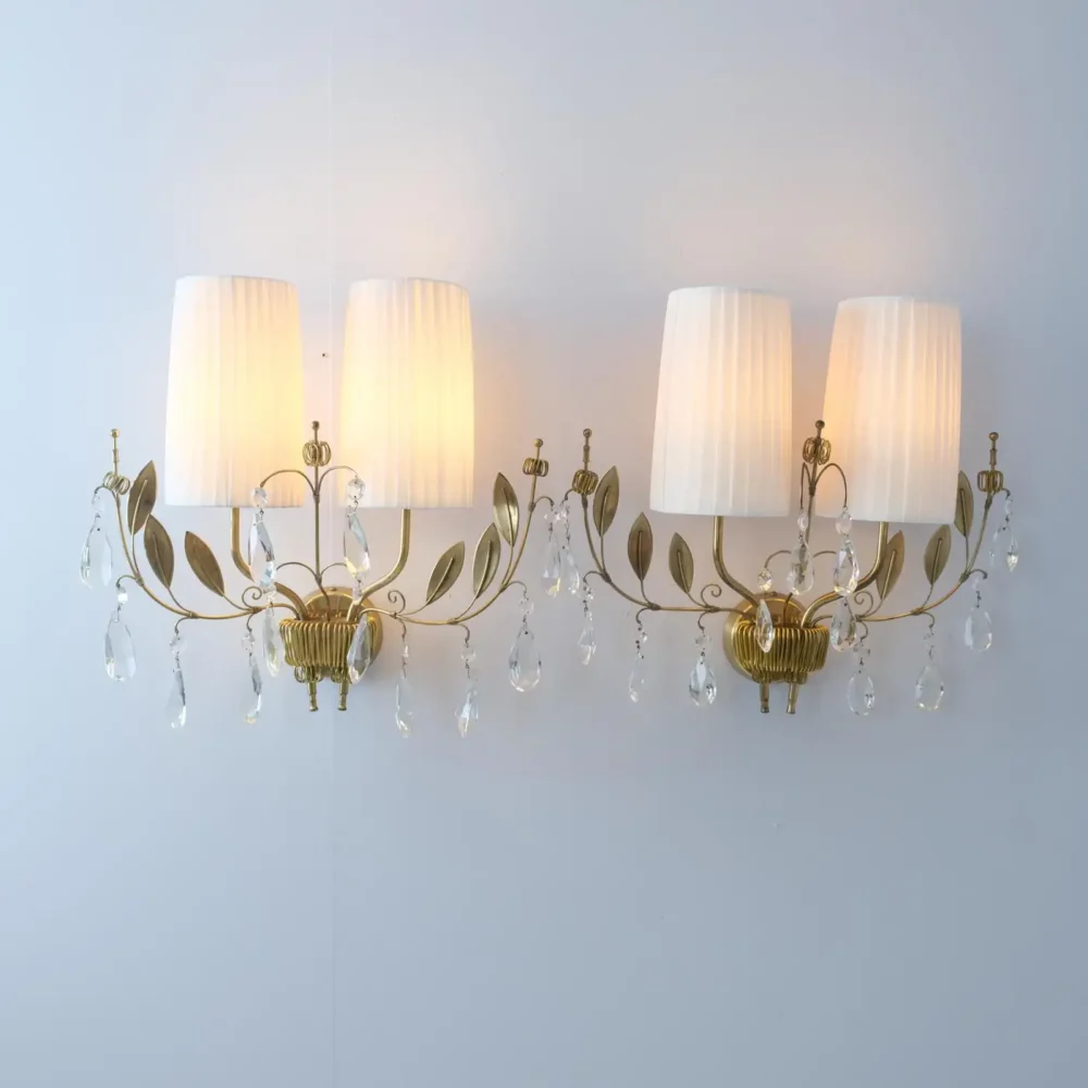 Paavo Tynell Crystal Wall Lights Model 9473, Brass, Fabric and Glass Taito