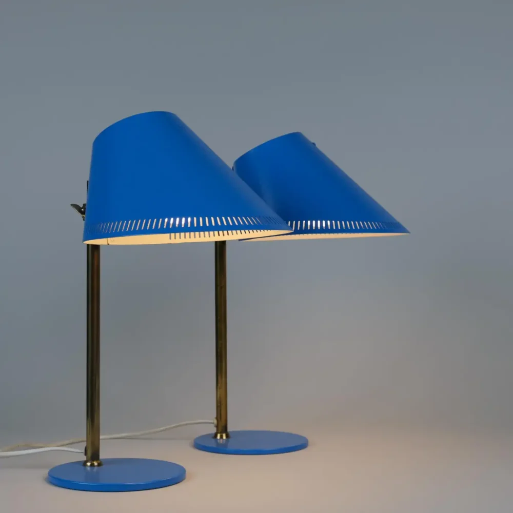 Paavo Tynell Pair of Table Lamps Model 9227 in Brass & Blue, Idman