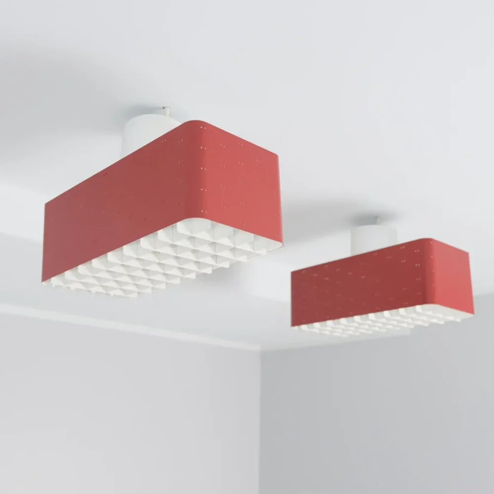 Pair Of Paavo Tynell "Starry Sky" Ceiling Lamps 9068 In Red, & White Idman