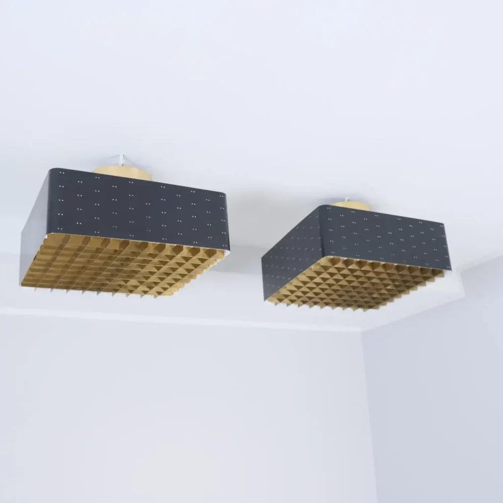 Pair of Paavo Tynell Starry Sky Ceiling Lamps 9068 In Brass & Black, Taito