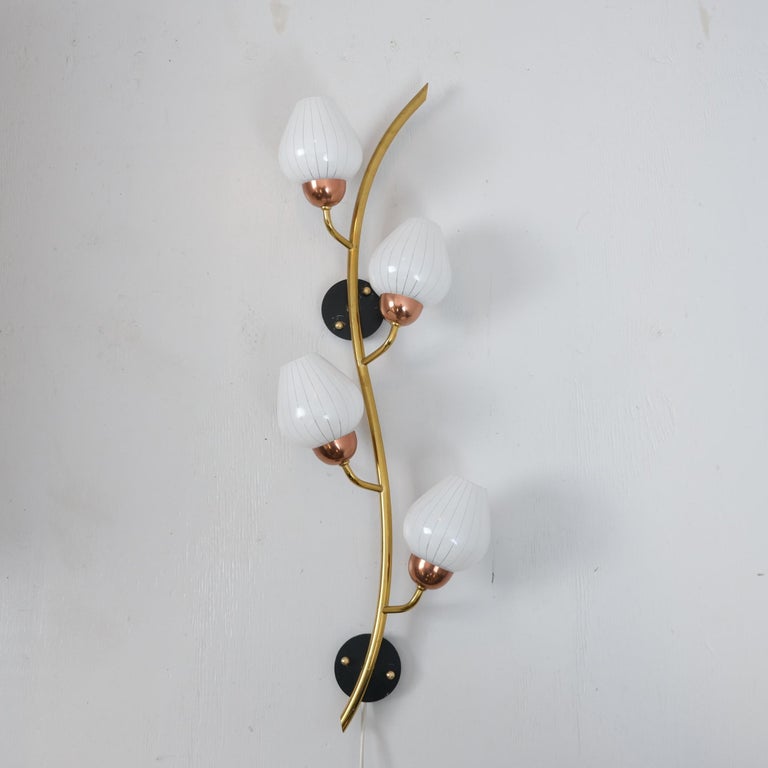 Scandinavian Floral Wall Lamp, Brass, Copper, Black Metal & White Glass, 1960s