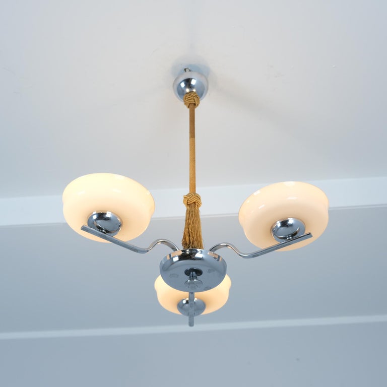 Art Deco Pendant in Nickled Brass, String & Opaline Glass, Attr. Tynell 1930s