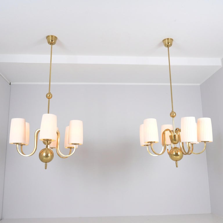 Pair of Paavo Tynell Commissioned Chandeliers in Brass & Fabric, Taito 1940s
