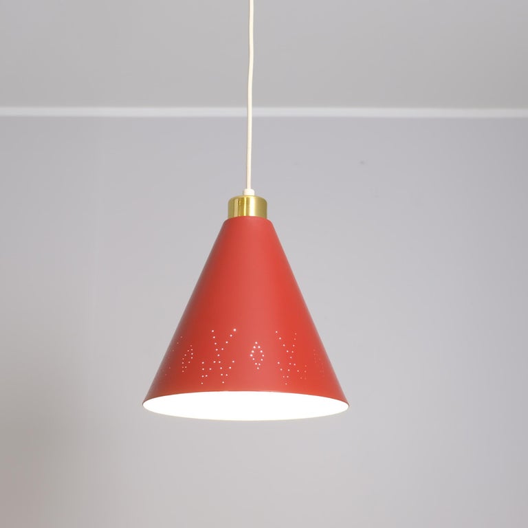 Paavo Tynell Brass & Perforated Red Metal Ceiling Lamp Model K2-58, Idman 1950s