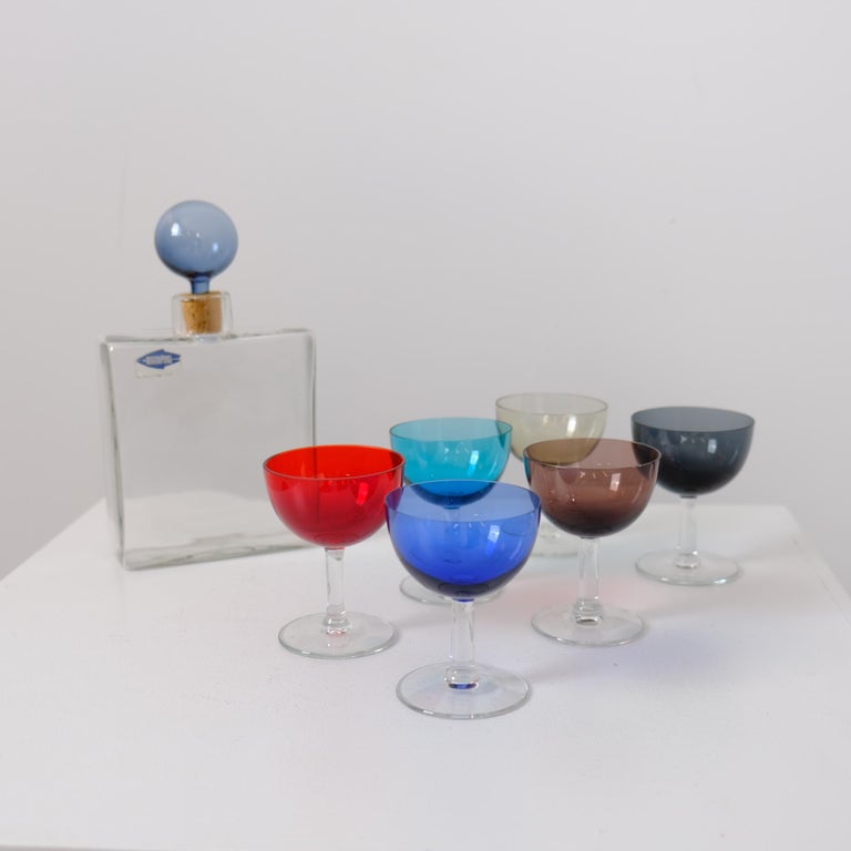 Colourful Kaj Franck Bottle & Saara Hopea Liqueur Glasses, Nuutajärvi 1950s