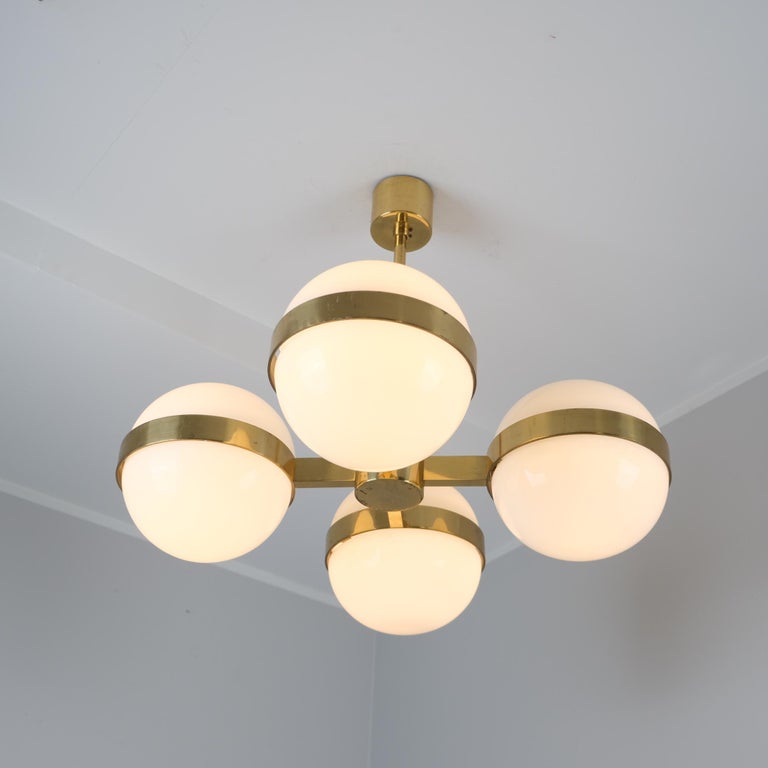 Mid-Century Modern Chandelier in Brass & Milk Glass, Heikki Turunen, Orno 1970s