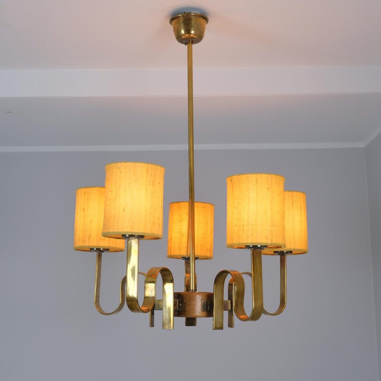 Rare Paavo Tynell Chandelier in Brass, Wood & Yellow Shades, Taito 1950s