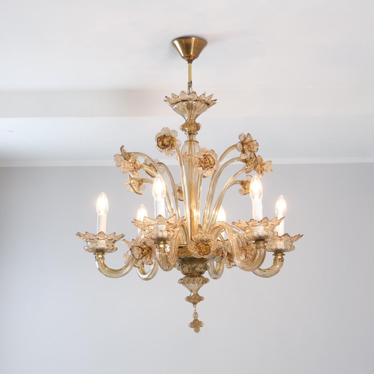 Stunning Mid-Century Fume Floral Six Arm Murano Glass Chandelier