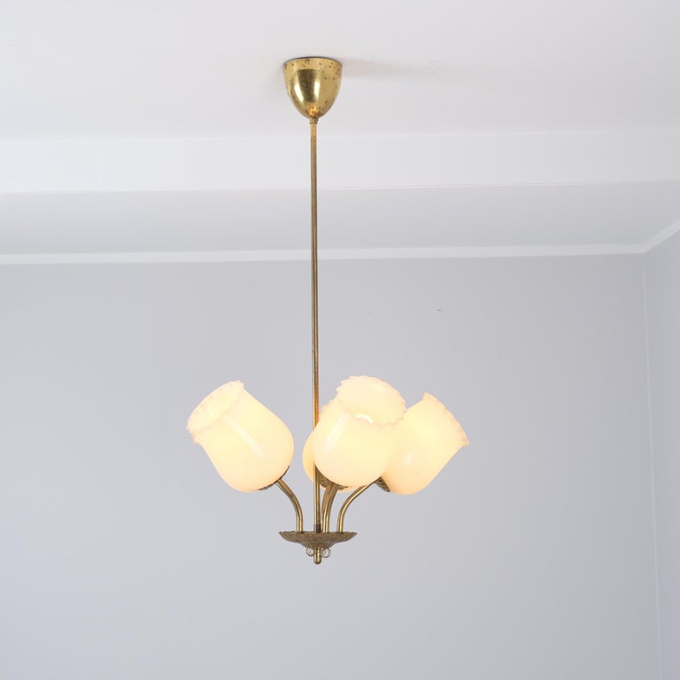 Mid-Century Finnish Design Lamp in Brass and Beige Opaline Glass, 1950s