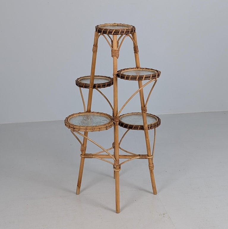 Mid-Century Finnish Bamboo Rattan Plant / Flower Stand Table with Frosted Glass