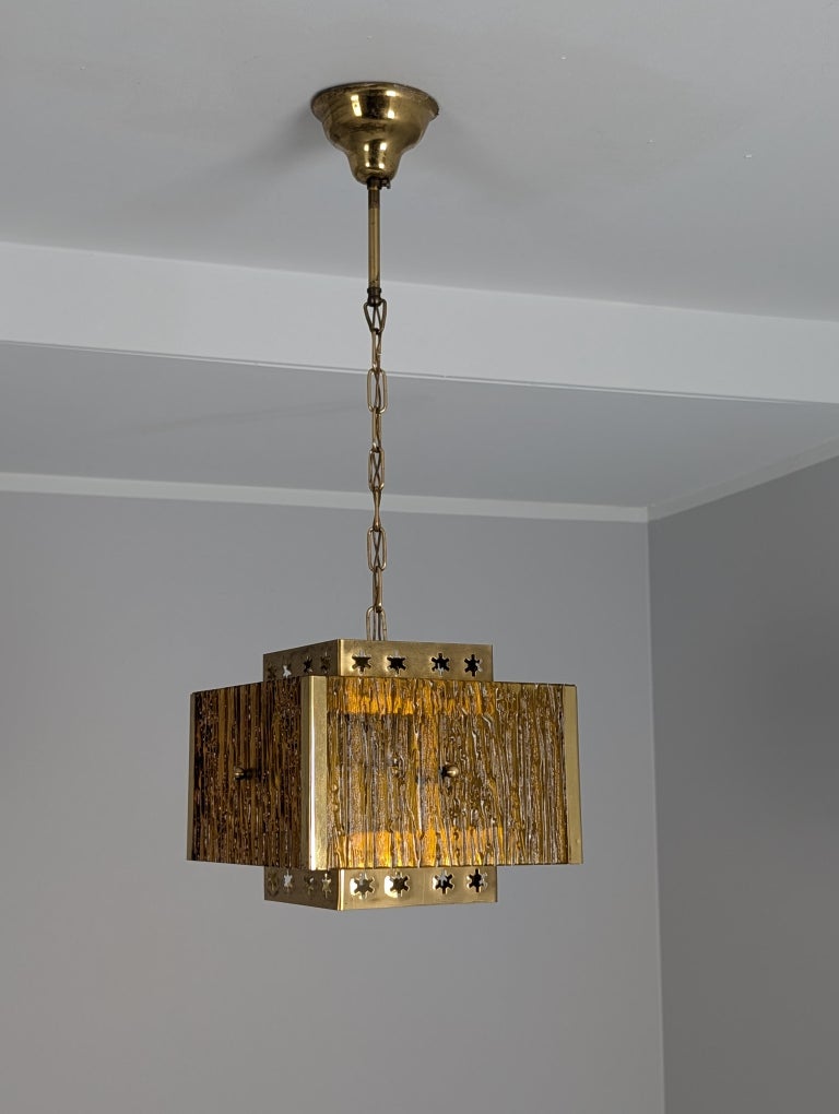 Modernist Cubic Pendant in Brass and Colour Glass, S. Liikkanen, 1970s