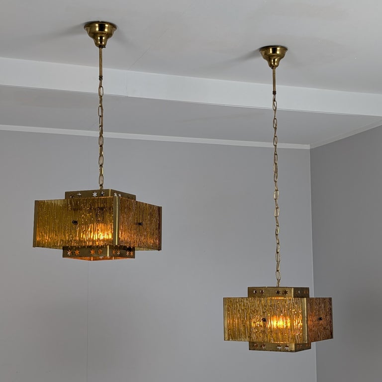 Pair of Modernist Cubic Pendants in Brass and Colour Glass, S. Liikkanen, 1970s