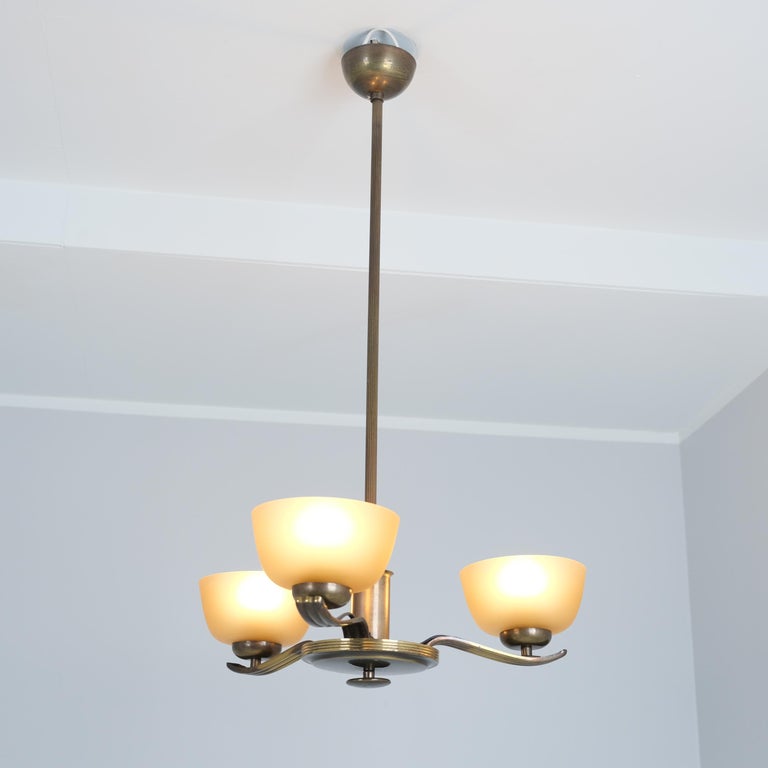 Early Paavo Tynell Pendant in Brass & Opaline Glass, Taito 1940s