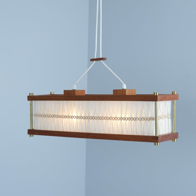 Scandinavian Teak and String Pendant with Brass Details, Sweden 1980s