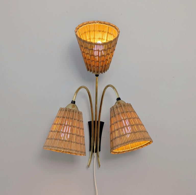 Mid-Century Finnish Design Wall Lamp in Brass & Wooden Slatted Shades, 1950s