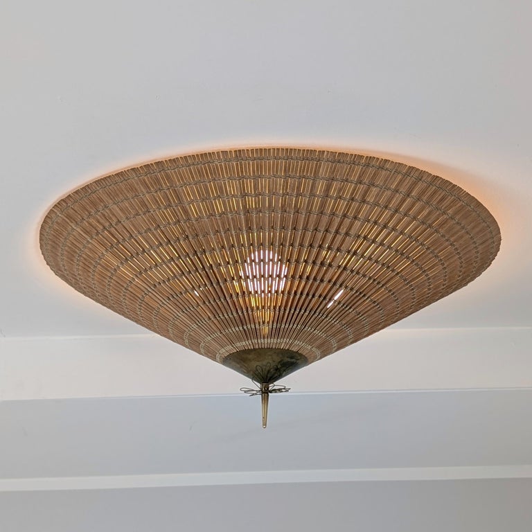 Paavo Tynell Flush Mount Model 1076 in Brass & Rattan, Idman 1950s