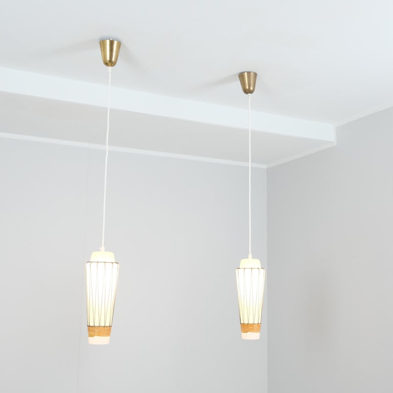 Pair of Mid-Century Modern Pendants Model K 3-3 in Glass and Rattan, Idman 1950s