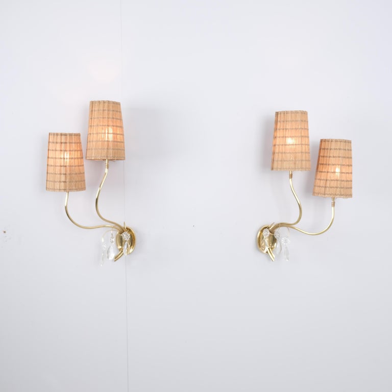 Paavo Tynell Organic Wall Lamps Model 9424 in Brass and Rattan, Taito 1940s