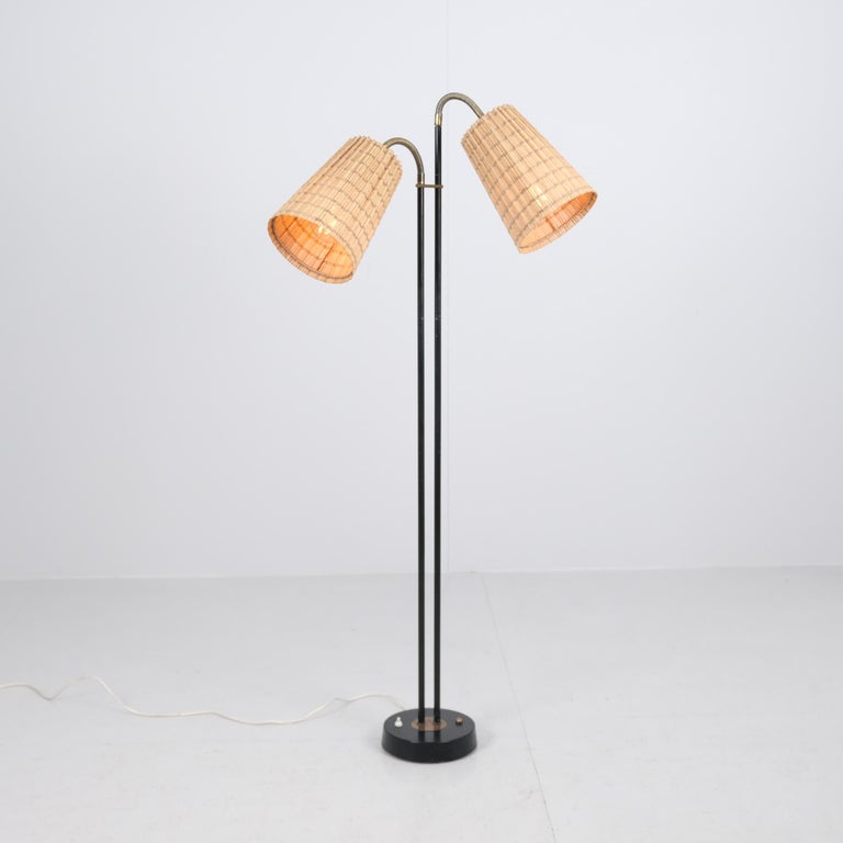 Mid-Century Modern Floor Lamp in Black, Brass, & Rattan, Finland 1960s