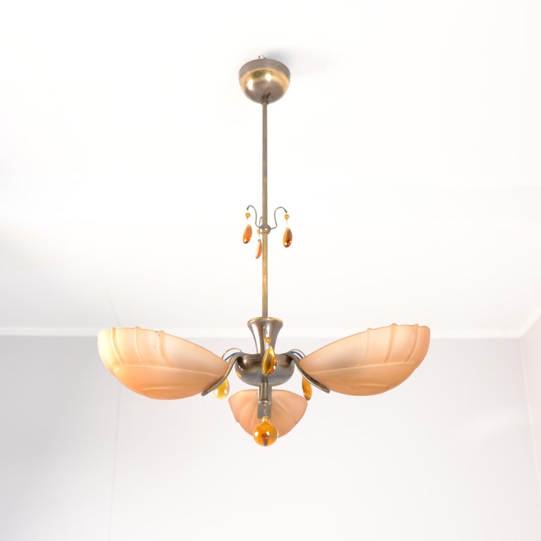 Early Paavo Tynell Pendant Model 1469 in Brass & Amber Shell Glass, Taito 1940s