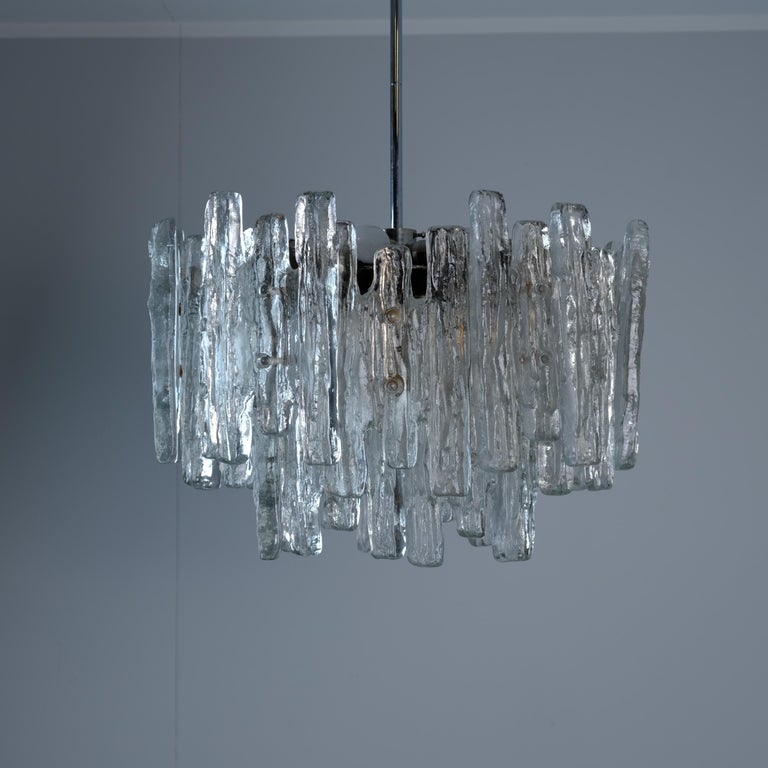 Large JT Kalmar Ice Pendant in Frosted Glass and Chrome, Austria 1960s