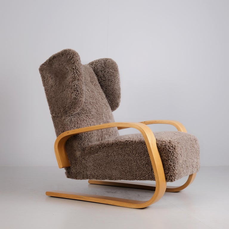 Alvar Aalto Highback Tank Arm Chair Model A 38 in Sheepskin, Artek 1940s